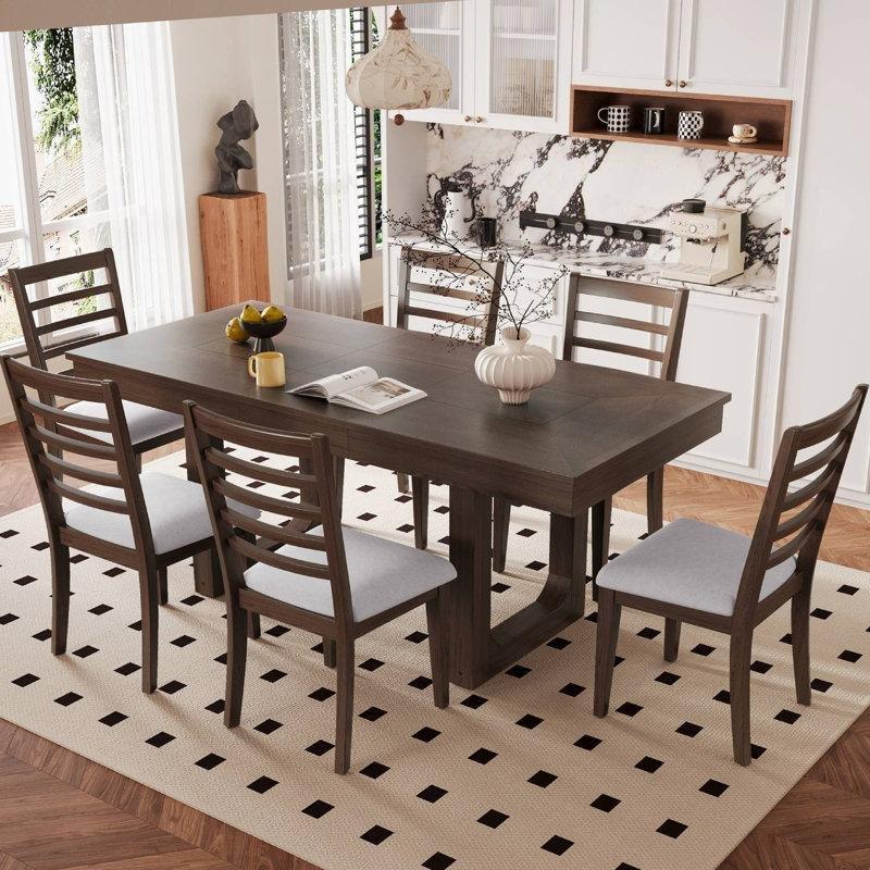 Genişletilebilir Endüstriyel Ahşap ve Keten Kumaş 7 Parçalı Yemek Masası Seti - 86032 Genişletilebilir Endüstriyel Ahşap ve Keten Kumaş 7 Parçalı Yemek Masası Seti - 86032