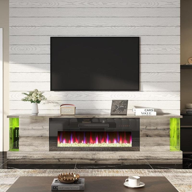 Gri Endüstriyel Ahşap 203 cm Şömineli TV Ünitesi Parlak Yüzey ve Cam Köşe Detayı – 83137