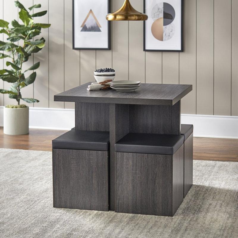 Gri Endüstriyel Ahşap 4 Kişilik Saklama Bölmeli Yemek Masası ve Tabure Seti 79x79 cm - 86368