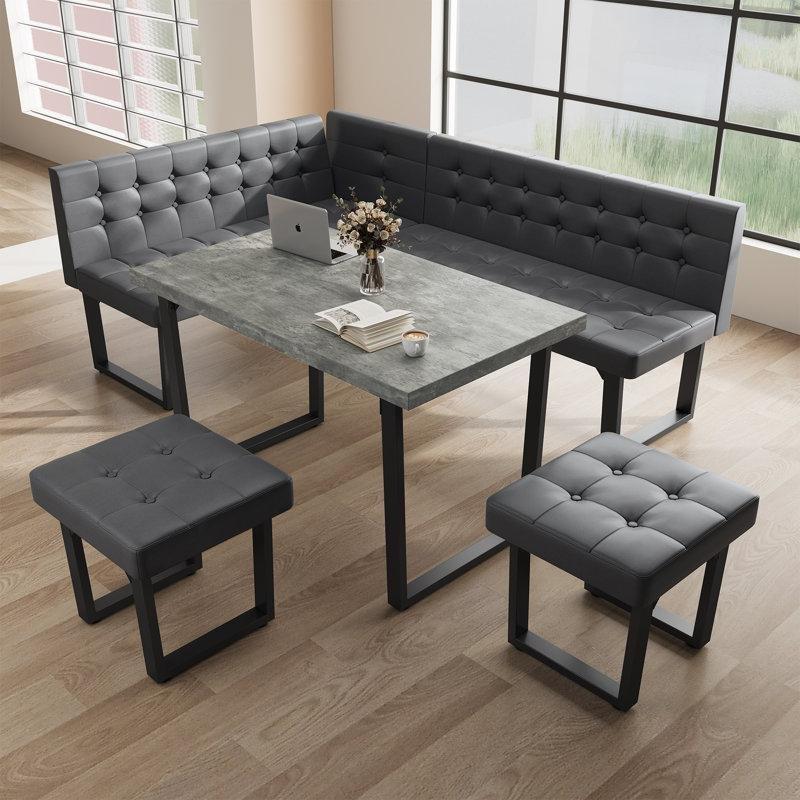 Gri Endüstriyel Ahşap Üstlü Siyah Metal Ayaklı 5 Kişilik Köşe Mutfak Masası Takımı 120x70 cm - 88783
