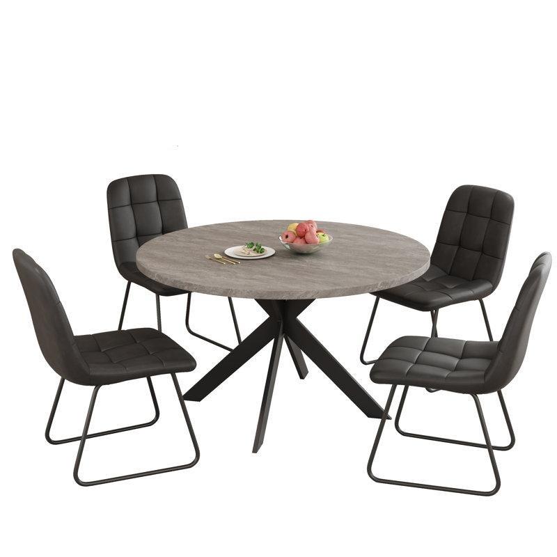 Gri Endüstriyel Ahşap Yuvarlak Mutfak Masası 117 cm Çapında 4 Siyah Deri Sandalyeli Set - 85831.0