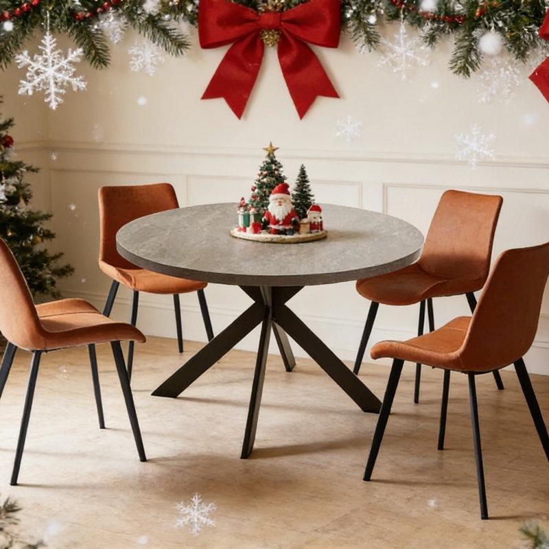Gri Endüstriyel Ahşap Yuvarlak Mutfak Yemek Masası 117 cm Kahverengi Deri Sandalyeli 5 Parçalı Set - 85009