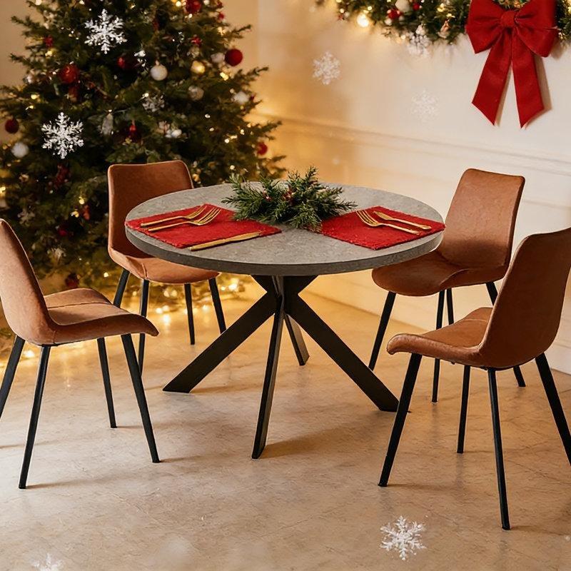 Gri Endüstriyel Ahşap Yuvarlak Mutfak Yemek Masası 117 cm Kahverengi Deri Sandalyeli 5 Parçalı Set - 85009