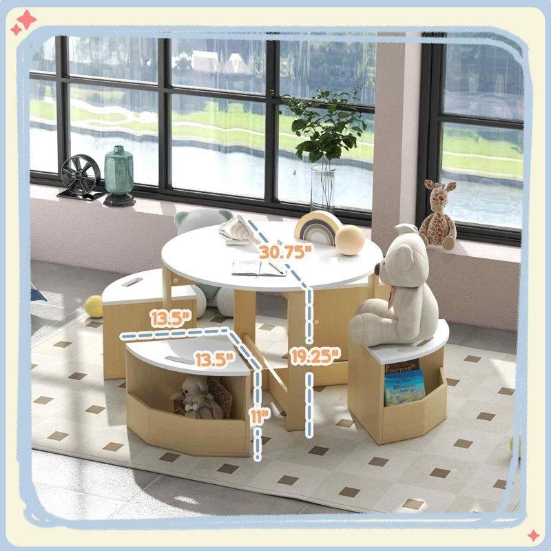 Gri Masalı Beyaz Sandalyeli 5 Parçalı Çocuk Yemek Masası Seti 78x78 cm - 86542