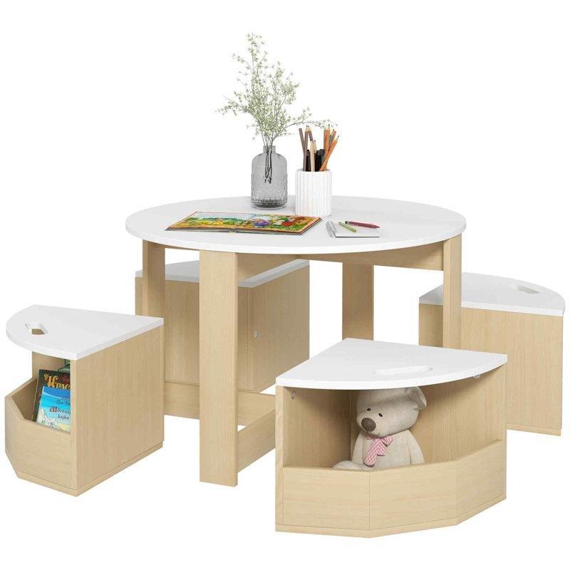 Gri Masalı Beyaz Sandalyeli 5 Parçalı Çocuk Yemek Masası Seti 78x78 cm - 86542