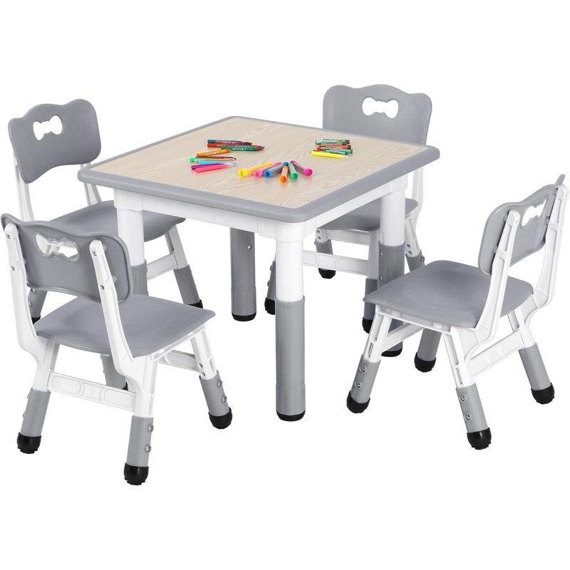 Gri Plastik Çocuk Yemek Masası 60x60 cm Dört Sandalyeli Ayarlanabilir Set - 86503