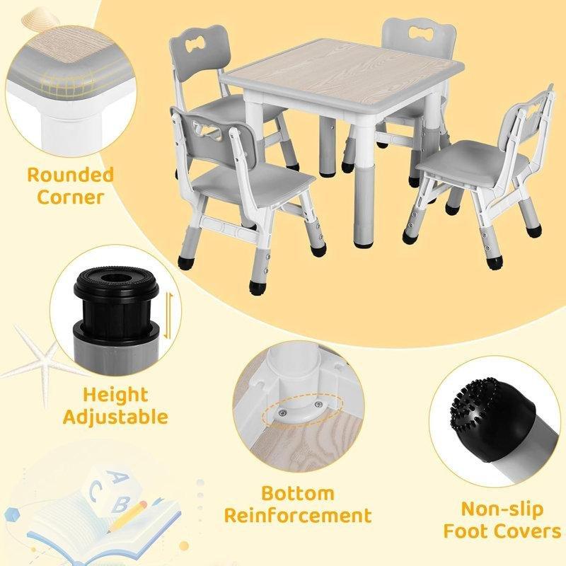 Gri Plastik Çocuk Yemek Masası 60x60 cm Dört Sandalyeli Ayarlanabilir Set - 86503