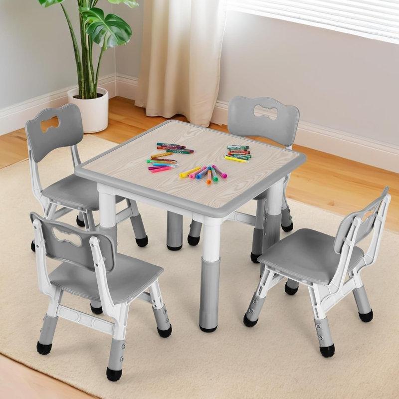 Gri Plastik Çocuk Yemek Masası 60x60 cm Dört Sandalyeli Ayarlanabilir Set - 86503