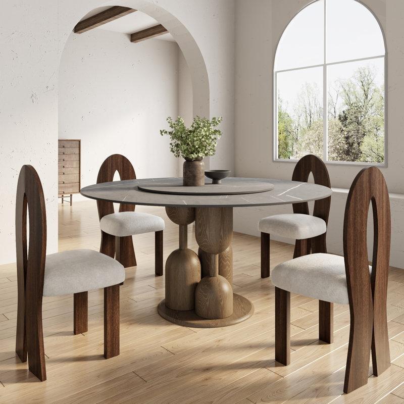 Gri Sinterli Taş Yüzeyli Döner Tablalı Yuvarlak Ceviz Yemek Masası 135-150 cm - 85900