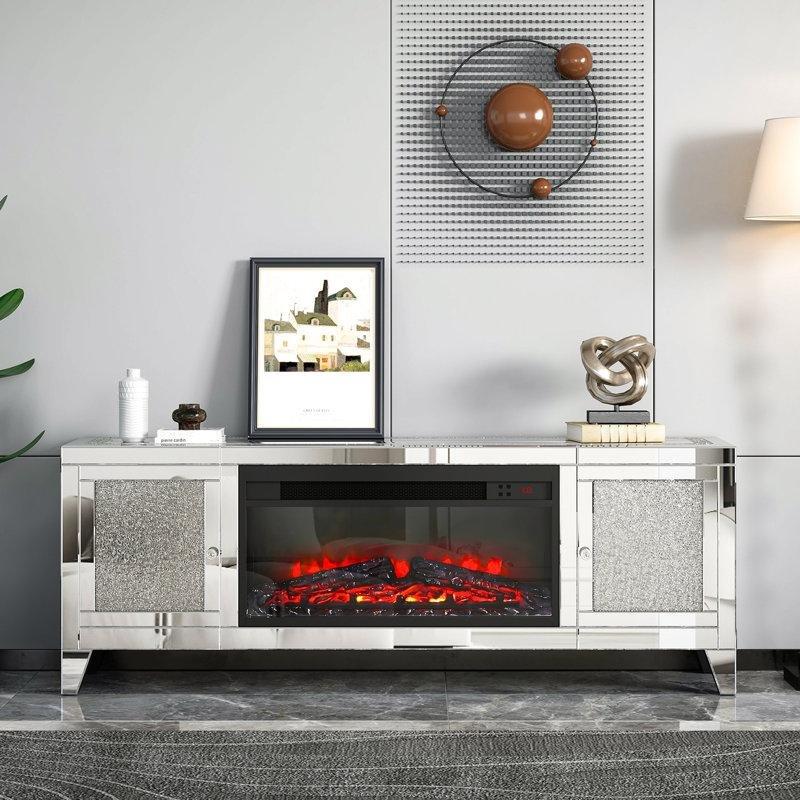 Gümüş Renkli Aynalı Şömineli TV Ünitesi 150 cm - 83083