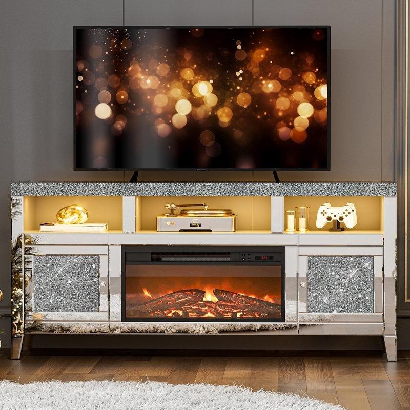 Gümüş Renkli Aynalı Şömineli TV Ünitesi 155 cm - 83077