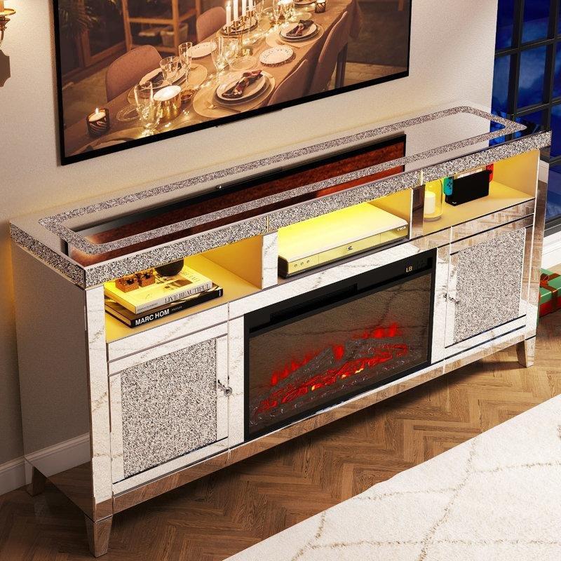 Gümüş Renkli Aynalı Şömineli TV Ünitesi 155 cm – 83089