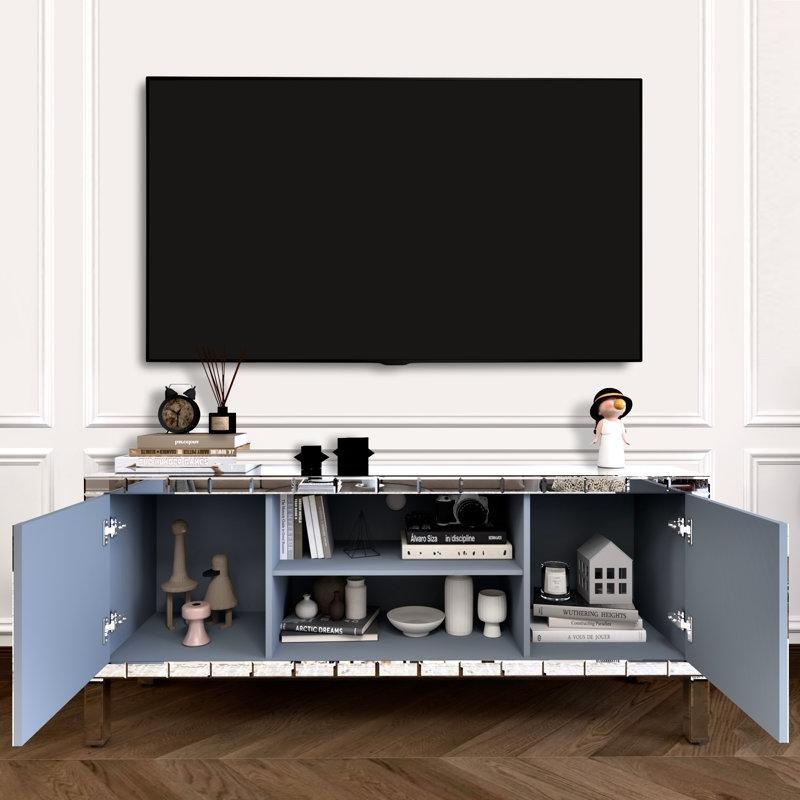 Gümüş Renkli Kristal Elmas Kapılı Aynalı TV Ünitesi 150x40x64 cm - 83074
