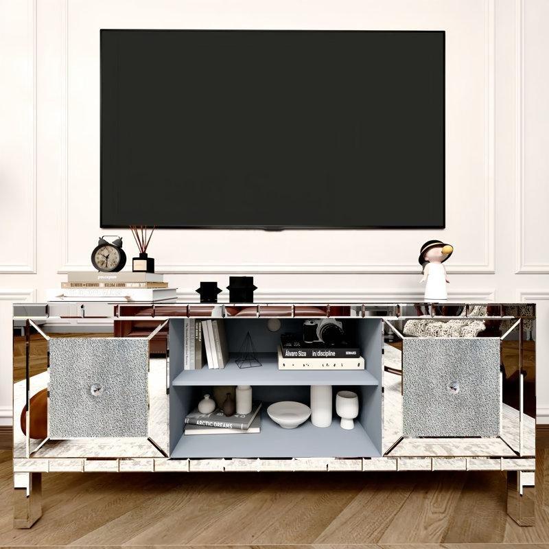 Gümüş Renkli Kristal Elmas Kapılı Aynalı TV Ünitesi 150x40x64 cm - 83074