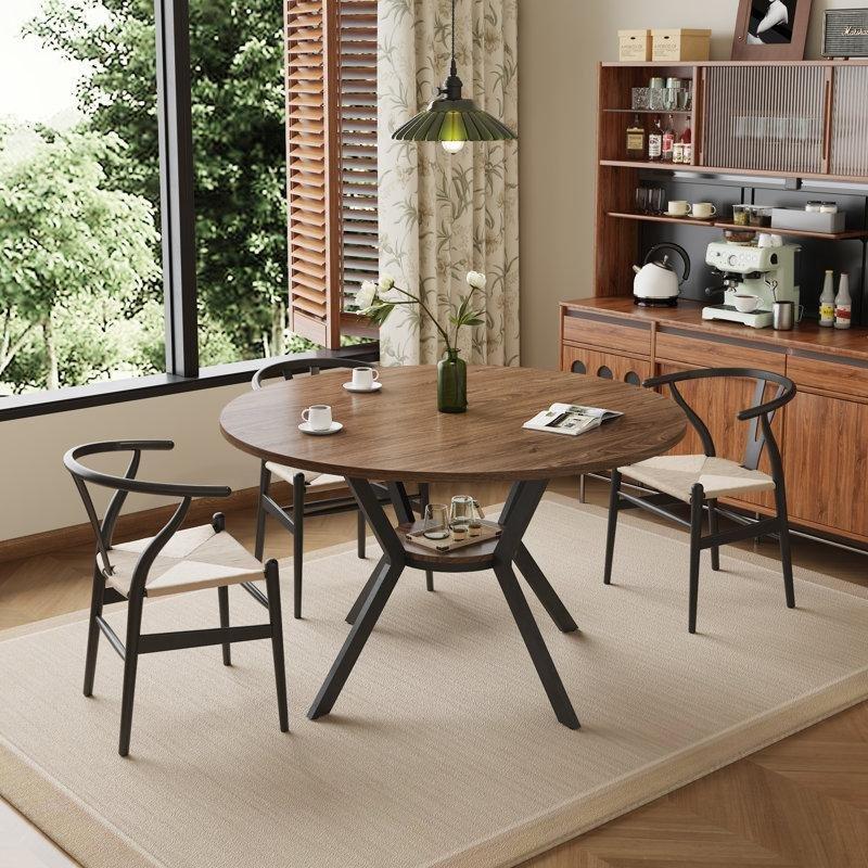 Güneş Batışı Renkli Endüstriyel Ahşap 107 cm Yuvarlak Yemek Masası Depolama Rafı İle - 83668