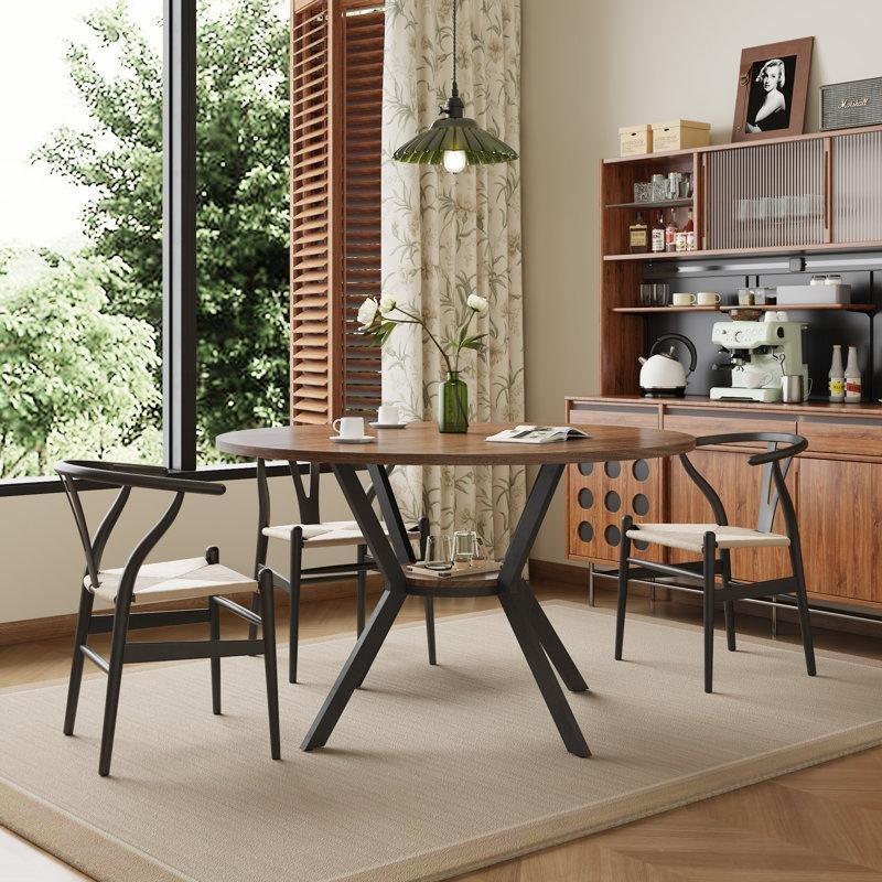 Güneş Batışı Renkli Endüstriyel Ahşap 107 cm Yuvarlak Yemek Masası Depolama Rafı İle - 83668