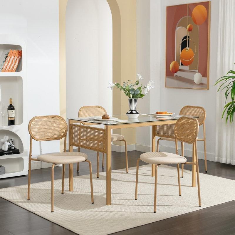 Hasırlı Tasarımlı Bohem Yemek Masası 120 cm Cam Tablalı 4 Sandalyeli Set - 83572