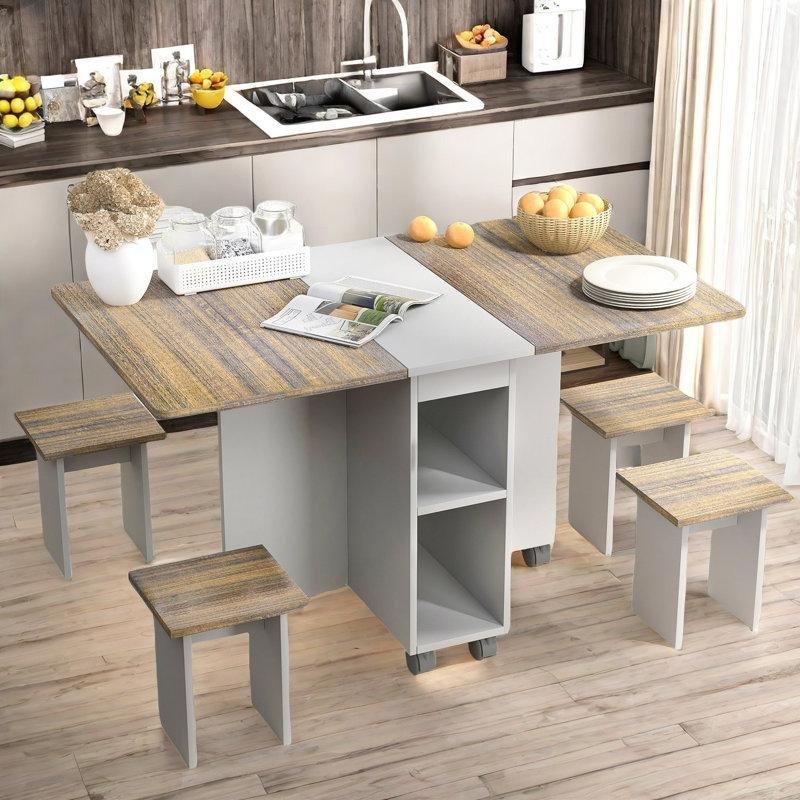 İki Renkli Endüstriyel Ahşap Katlanır Mutfak Masası 140 cm ve 4 Tabure Seti - 85435.0
