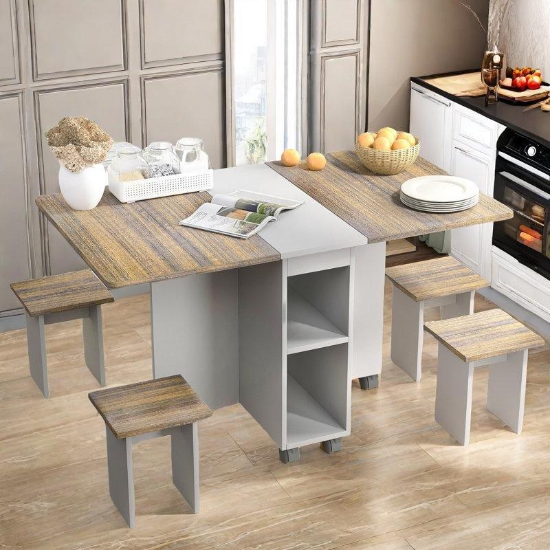 İki Renkli Endüstriyel Ahşap Katlanır Mutfak Masası 140 cm ve 4 Tabure Seti - 85435.0