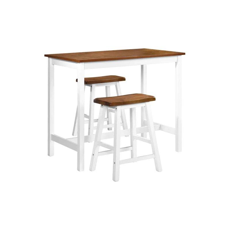 Kahverengi Beyaz Masif Ahşap Bar Masası 2 Tabure Seti 108x60x91 cm - 88672