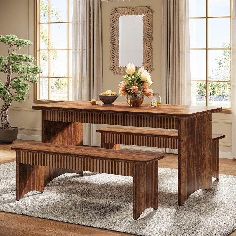 Kahverengi Endüstriyel Ahşap Dikdörtgen Mutfak Masası 140 cm ve 2 Bench Takımı - 88810