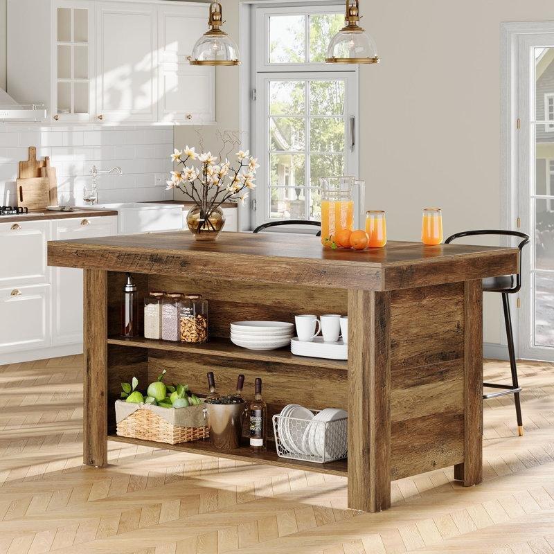 Kahverengi Endüstriyel Ahşap Mutfak Adası 140x80 cm Açık Raflı - 86230