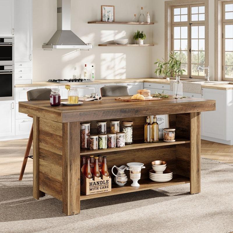 Kahverengi Endüstriyel Ahşap Mutfak Adası 140x80 cm Açık Raflı - 86230