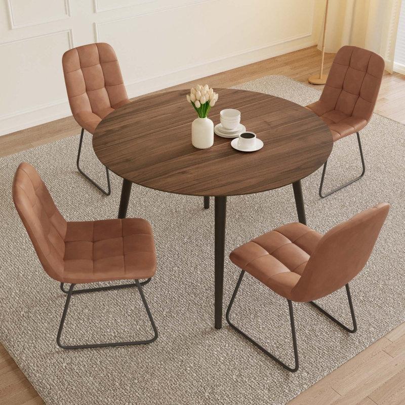 Kahverengi Endüstriyel Ahşap Yuvarlak Mutfak Masası 110 cm Çap ve 4 Sandalyeli Set - 85780.0