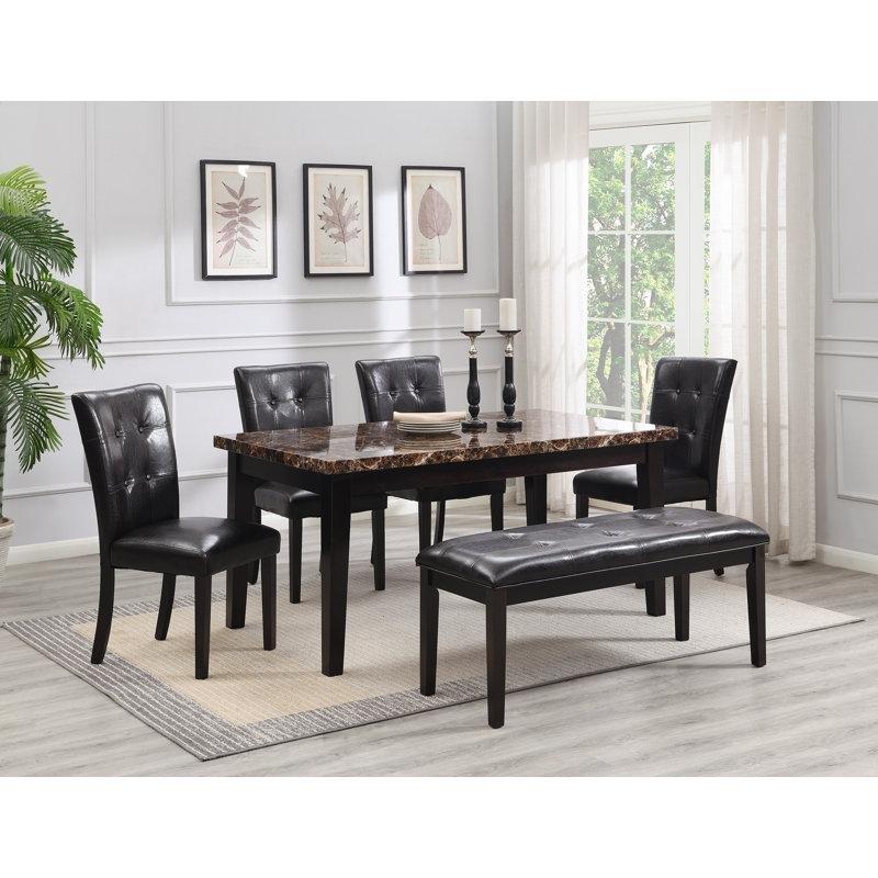 Kahverengi Mermer Üstlü Masif Ahşap Ayaklı Yemek Masası 152 cm - 84838