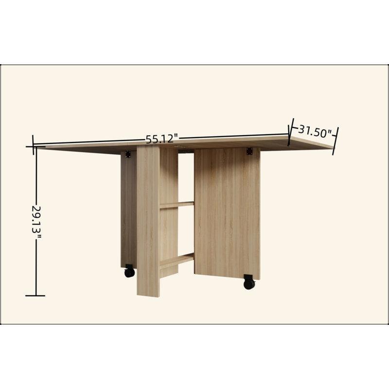 Katlanabilir Ahşap Yemek Masası 80x140 cm Çift Raflı Depolama ve Tekerlekli - 86290