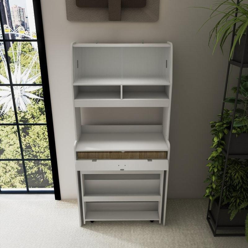 Katlanabilir Doğal Ahşap Yemek Masası Beyaz Çalışma Ünitesi ve Saklama Hutch - 86392