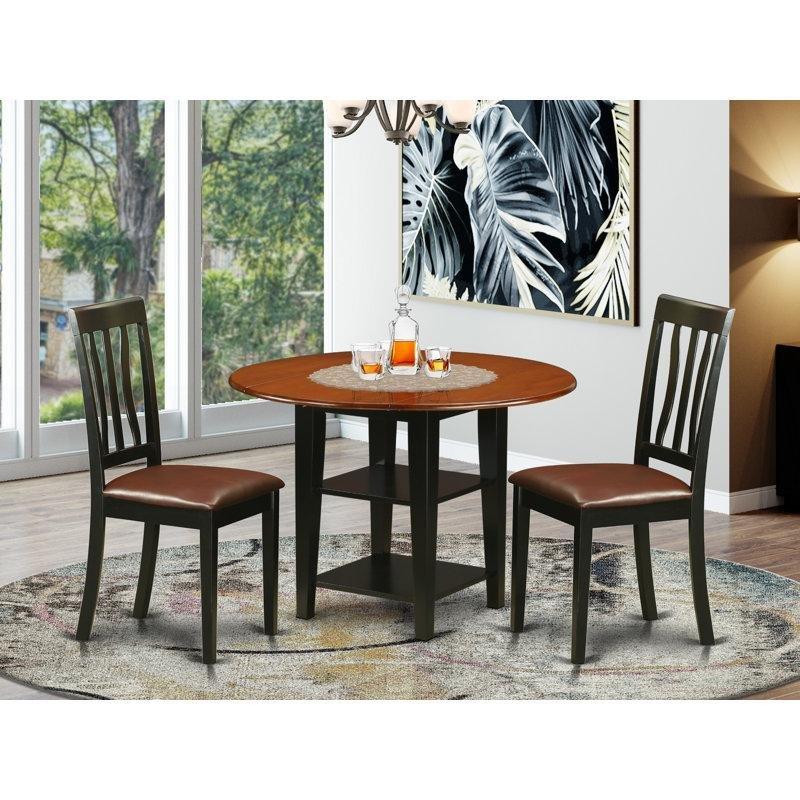Kiraz Ahşap Yuvarlak Katlanır Mutfak Masası ve Siyah Deri Sandalyeli 3 Parçalı Yemek Seti 107 cm - 85462.0