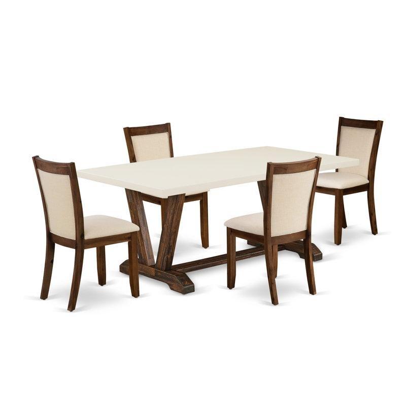 Kırık Beyaz Endüstriyel Ahşap Country Yemek Masası 183x102x76 cm ve 4 Bej Kumaş Sandalye Seti - 86092