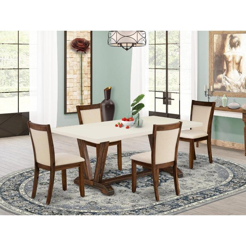 Kırık Beyaz Endüstriyel Ahşap Country Yemek Masası 183x102x76 cm ve 4 Bej Kumaş Sandalye Seti - 86092