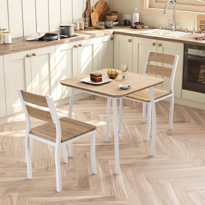 Köşe Kesimli Endüstriyel Ahşap Mutfak Yemek Masası 75x75 cm Beyaz Metal Ayaklı 2 Kişilik Set - 85015