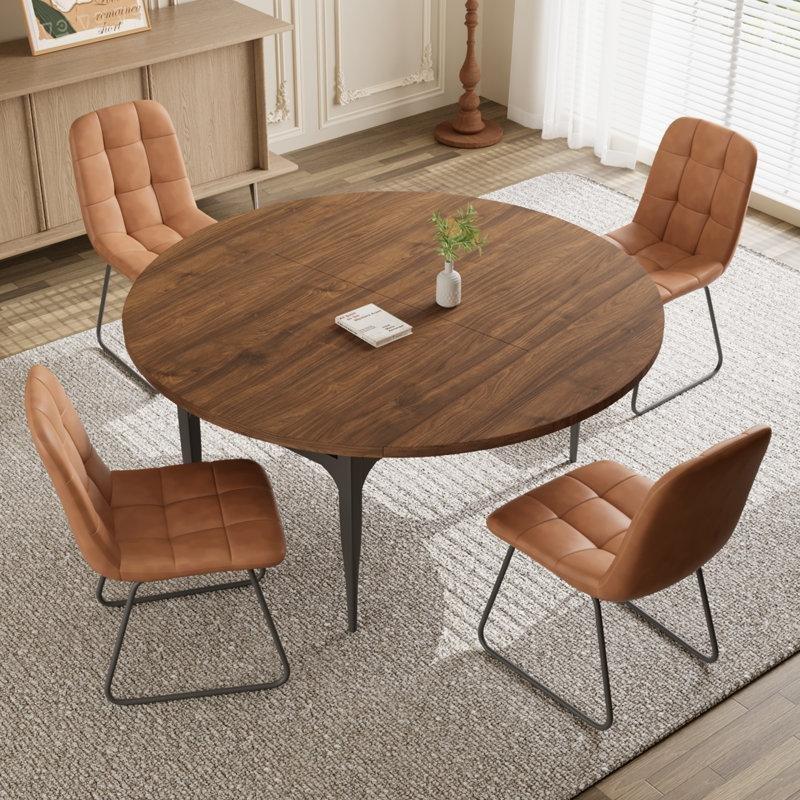 Koyu Ceviz Renkli Yuvarlak Katlanır Mutfak Masası 140 cm Çelik Ayaklı 4 Sandalyeli Set - 85402.0