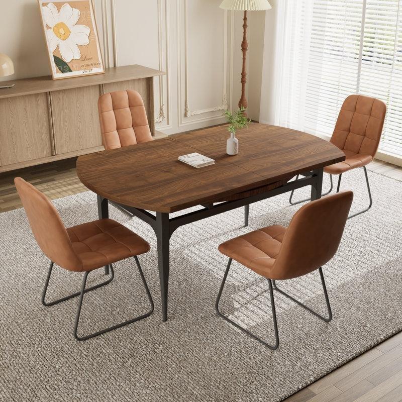 Koyu Ceviz Renkli Yuvarlak Katlanır Mutfak Masası 140 cm Çelik Ayaklı 4 Sandalyeli Set - 85402.0