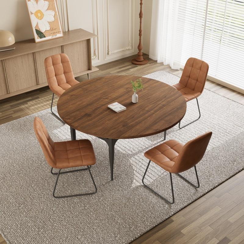 Koyu Ceviz Renkli Yuvarlak Katlanır Mutfak Masası 140 cm Çelik Ayaklı 4 Sandalyeli Set - 85402.0
