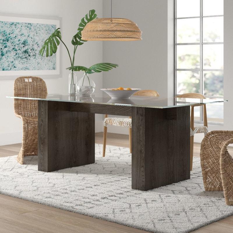 Koyu Kahverengi Masif Ahşap Tabanlı Şeffaf Cam Yemek Masası 203x76x76 cm - 84781