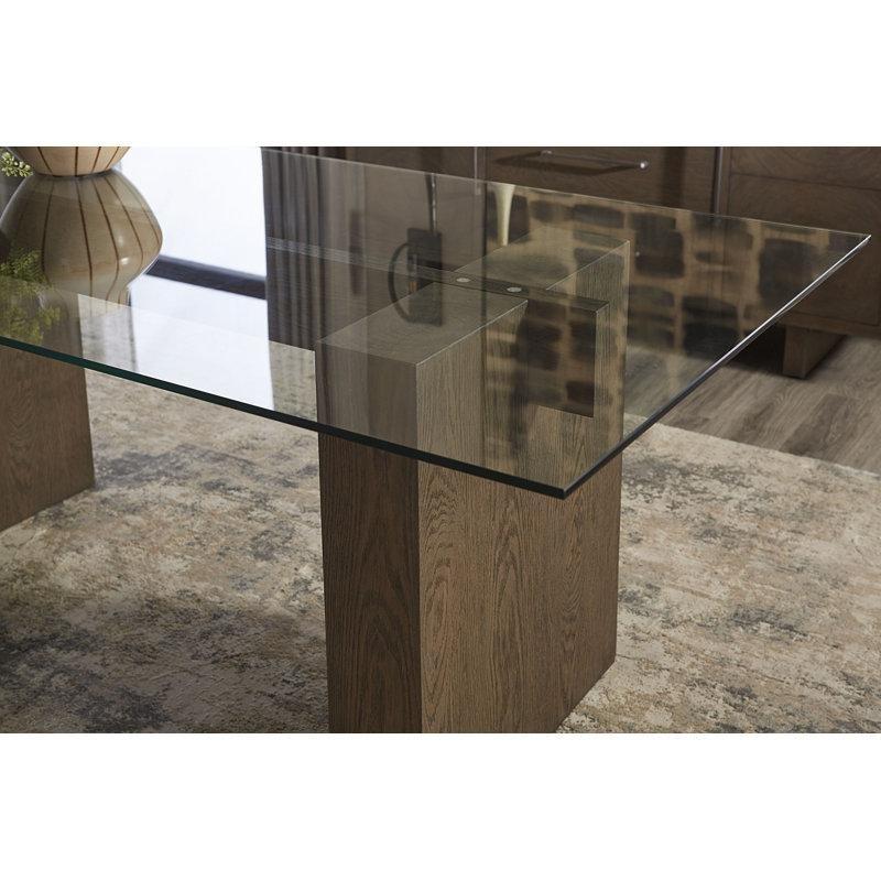 Koyu Kahverengi Masif Ahşap Tabanlı Şeffaf Cam Yemek Masası 203x76x76 cm - 84781