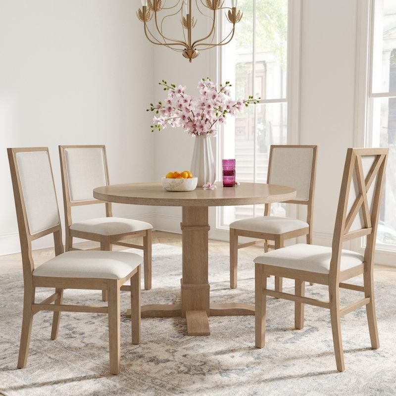 Krem Kumaşlı Yuvarlak Ahşap Mutfak Yemek Masası ve Sandalye Seti - 85030