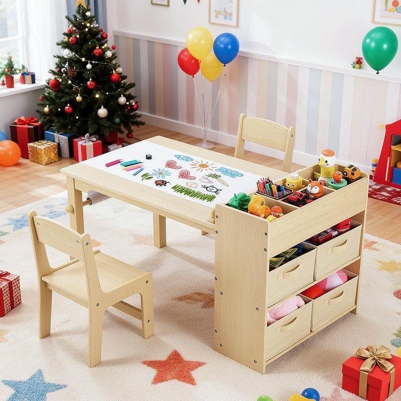 Krem Renkli MDF Sanat Masası 103x55x64 cm Çocuk Çizim Seti 2 Sandalyeli - 86530