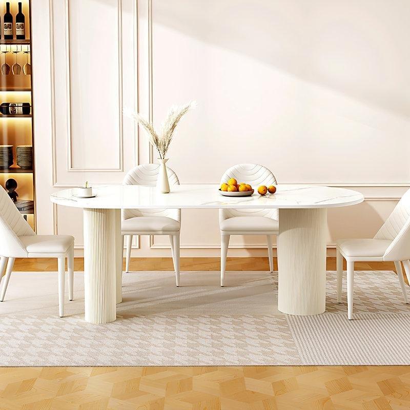 Kremşantili Yapay Mermerli Oval Yemek Masası Roma Sütun Ayaklı - 84433