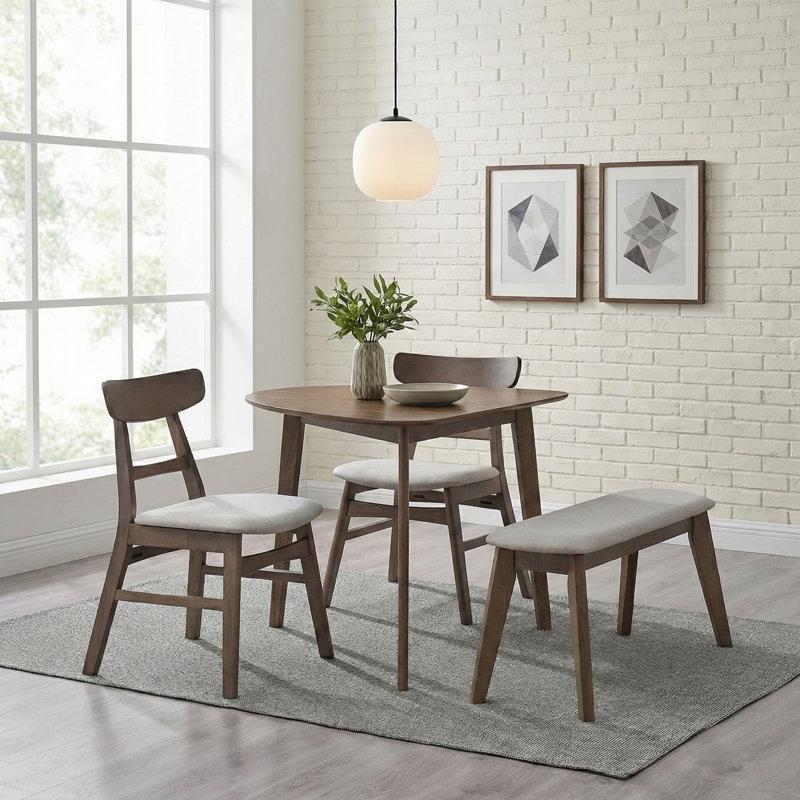 Masif Ahşap Kahverengi 4 Parçalı Yemek Masası Seti Gri Kumaş Sandalye ve Bench ile - 85000