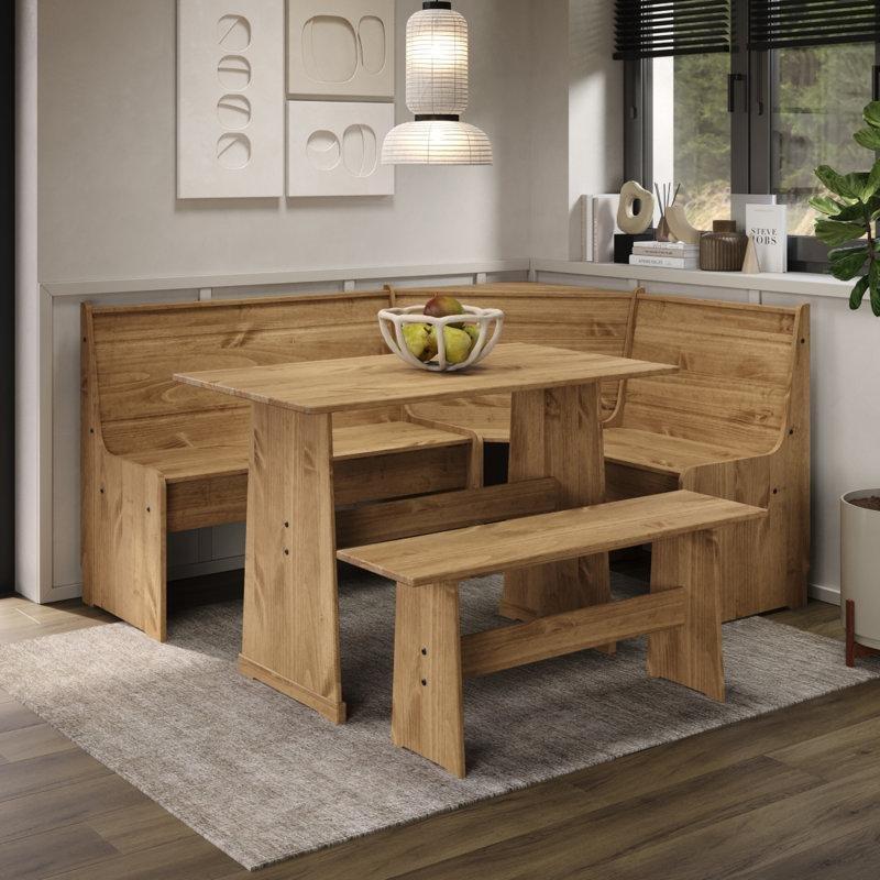 Masif Çam Ağacı Kahverengi Köşe Mutfak Masası 110x64x85 cm Benchli Set - 88807