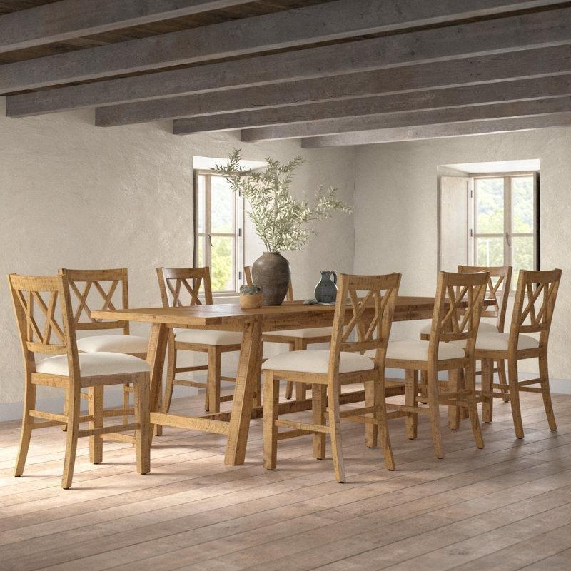 Masif Çam Ahşap Genişletilebilir Krem Döşemeli Country Yemek Masası Seti - 86017