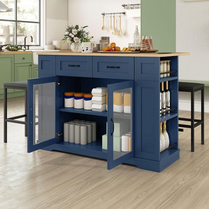 Mavi Endüstriyel Ahşap Depolama Bölmeli Mutfak Masası 120x88x65 cm - 86224