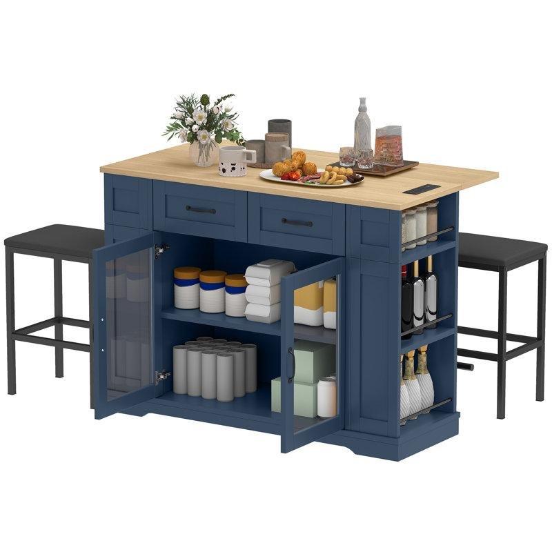 Mavi Endüstriyel Ahşap Depolama Bölmeli Mutfak Masası 120x88x65 cm - 86224