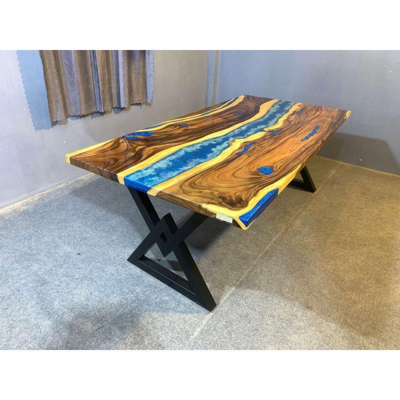 Mavi-Sarı Epoksi Reçine Masif Ahşap Yemek Masası 90x43x76 cm - 86722