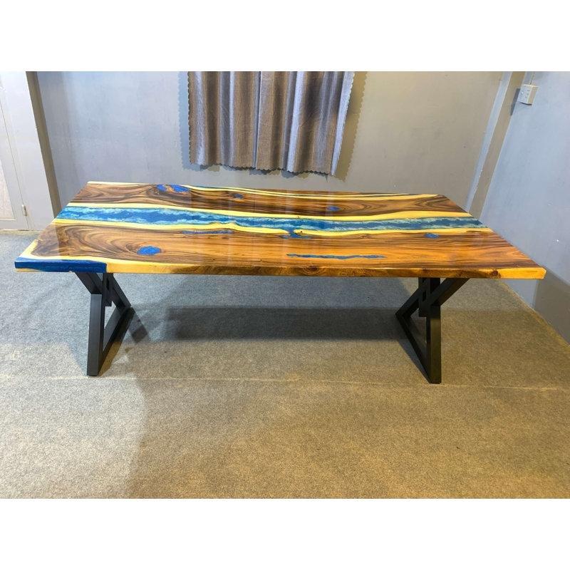 Mavi-Sarı Epoksi Reçine Masif Ahşap Yemek Masası 90x43x76 cm - 86722